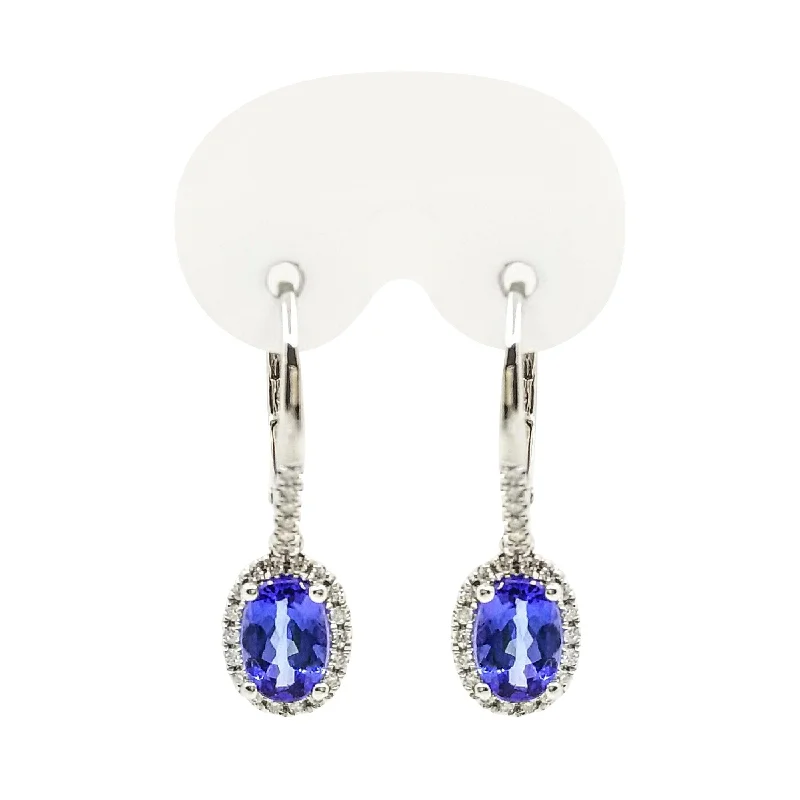 Handmade Earrings For Vintage Style-9 kt White Gold Diamond and Oval Tanzanite Drop Earrings.