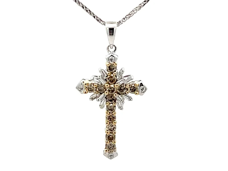 Layered Gemstone Necklaces For Beautiful Style-Champagne Diamond Cross Necklace 14k White Gold