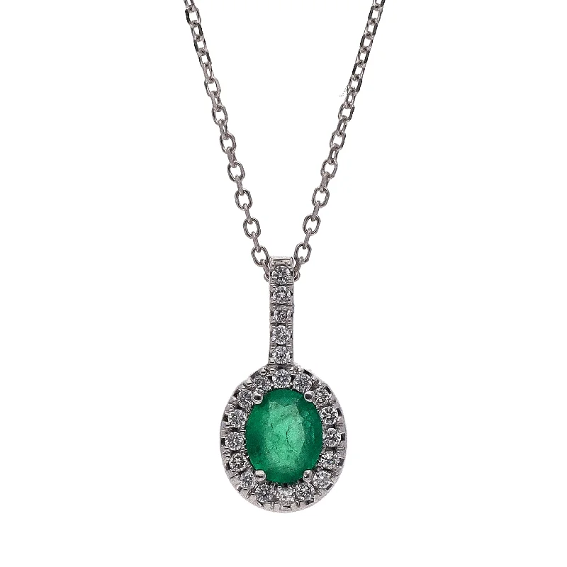 Dainty Crystal Necklaces For Casual Chic-14K White Gold Oval Emerald and Diamond Pendant 16" Necklace