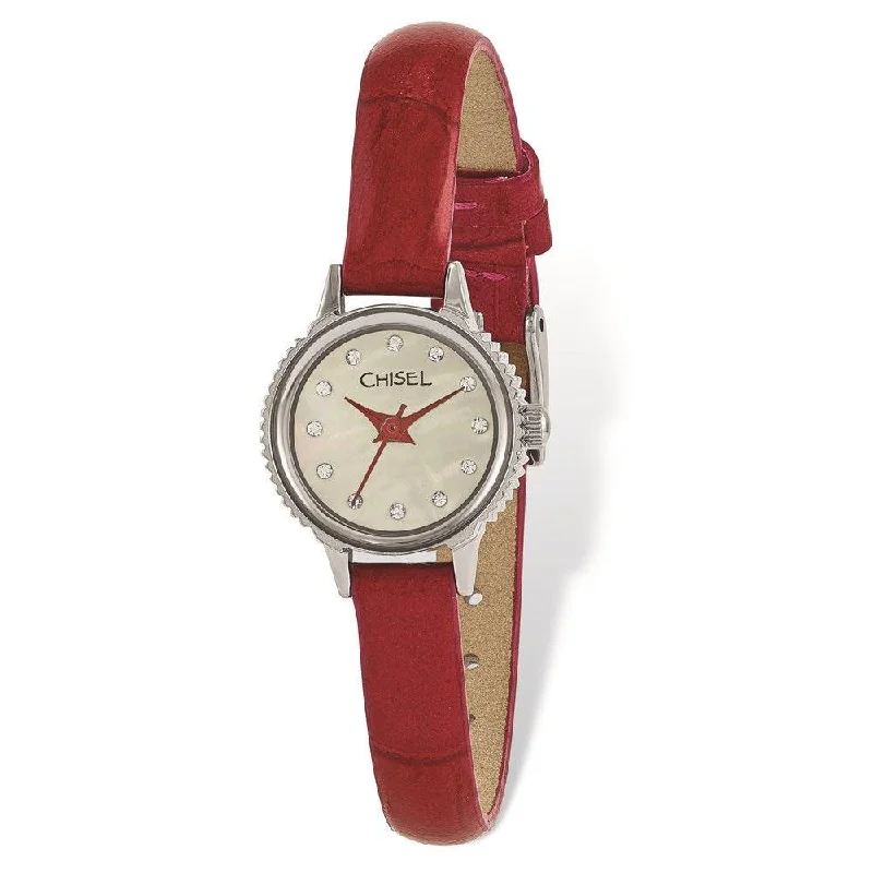 Watches For Evening Wear-Ladies Chisel Stainless Steel Red Leather Strap Watch