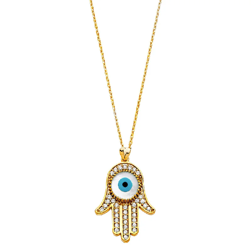 Trendy Chain Necklaces For Fashionistas-14K CZ EVIL EYE HAMSA NECKLACE