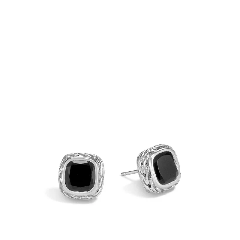 Large Statement Earrings For Parties-Classic Chain Silver Magic Cut Stud Earrings with Black Onyx