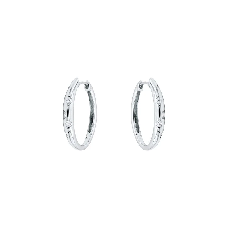 Long Silver Earrings For Evening Wear-18 Karat White Gold Flush Set Diamond Hoop Earrings