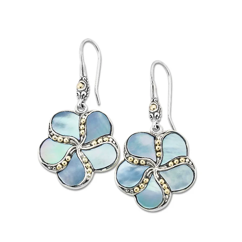 Elegant Dangle Earrings For Bridal Look-Blue Mother of Pearl Flower Drop Earrings, Sterling Silver