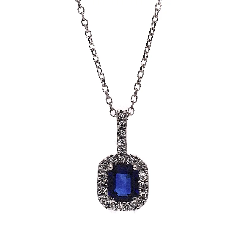 Statement Name Necklaces For Personalized Gifts-14K White Gold Emerald Cut Sapphire & Diamond Pendant Necklace