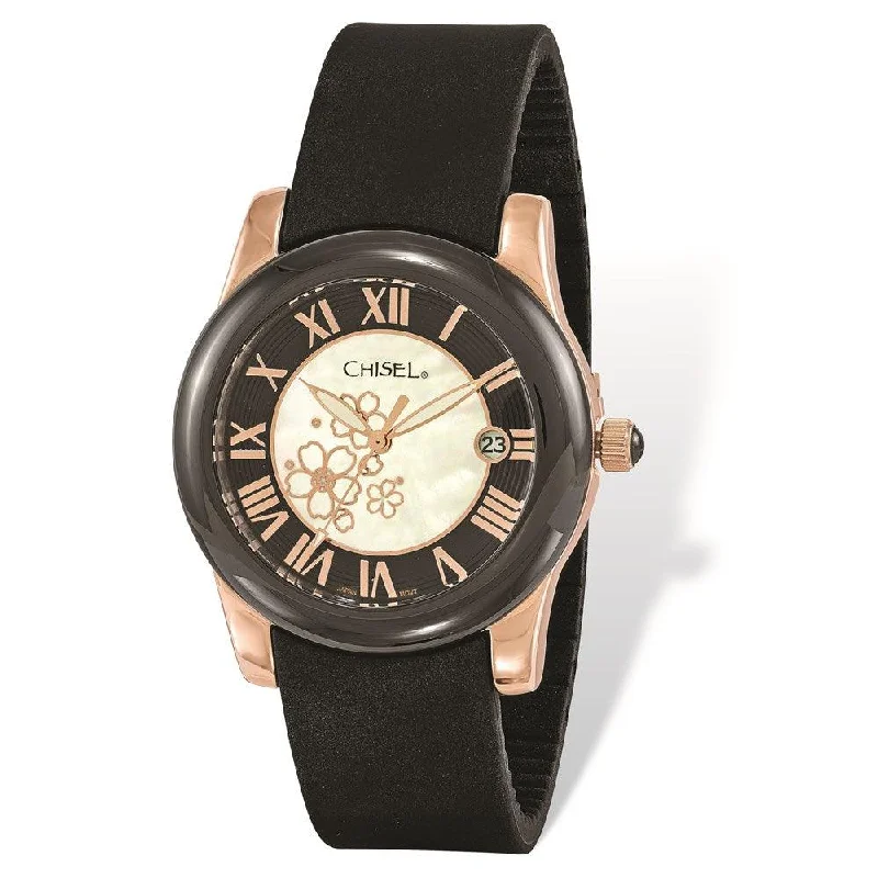 Watches In Minimalist Style-Ladies Chisel Rose IP-plated Floral Dial Black Strap Watch