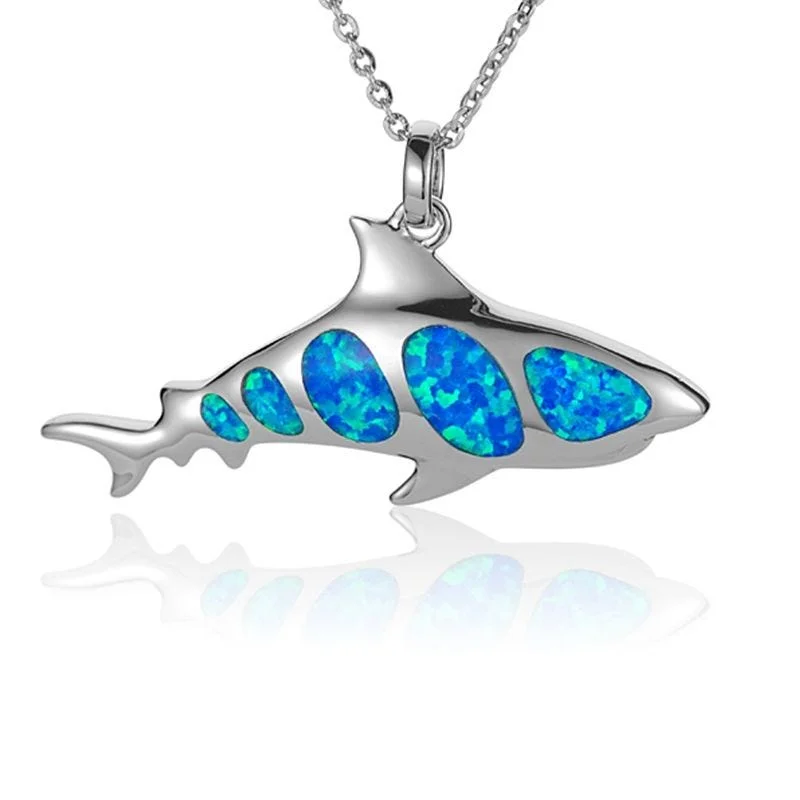 Bold Gemstone Pendant Necklaces For Special Days-Sterling Silver Shark Necklace with Opal Inlay