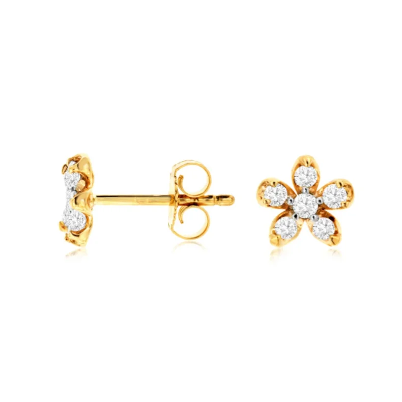 Vintage Crystal Earrings For Romantic Looks-14 Karat Yellow Gold 1/4 Carat Diamond Flower Earrings