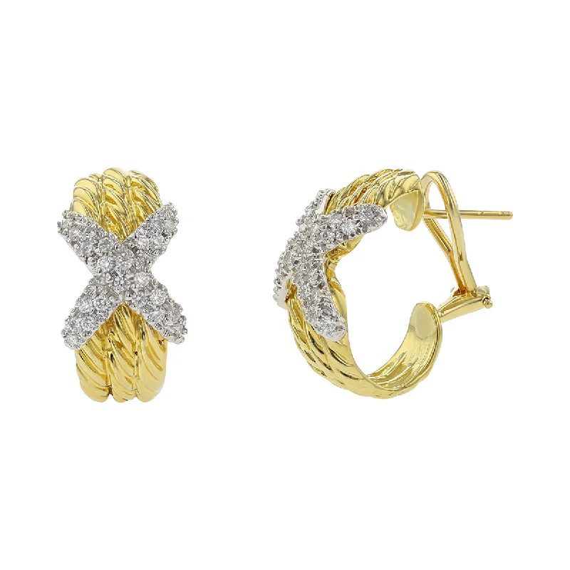 Long Silver Earrings For Evening Wear-David Yurman Gold Pave Diamond X Triple Cable Earrings