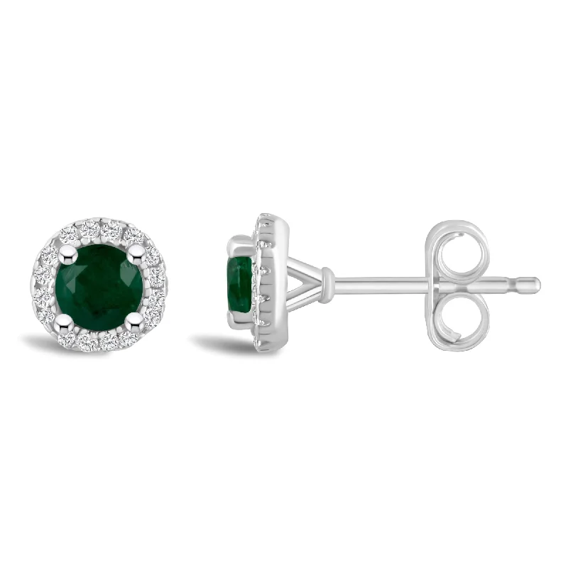 Stunning Gemstone Earrings For Special Days-Round Emerald and Diamond Halo May Birthstone Earrings in Sterling Silver