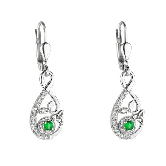 Sleek Silver Earrings For Casual Style-Sterling Silver Green Crystal Trinity Knot Drop Earrings - S34165