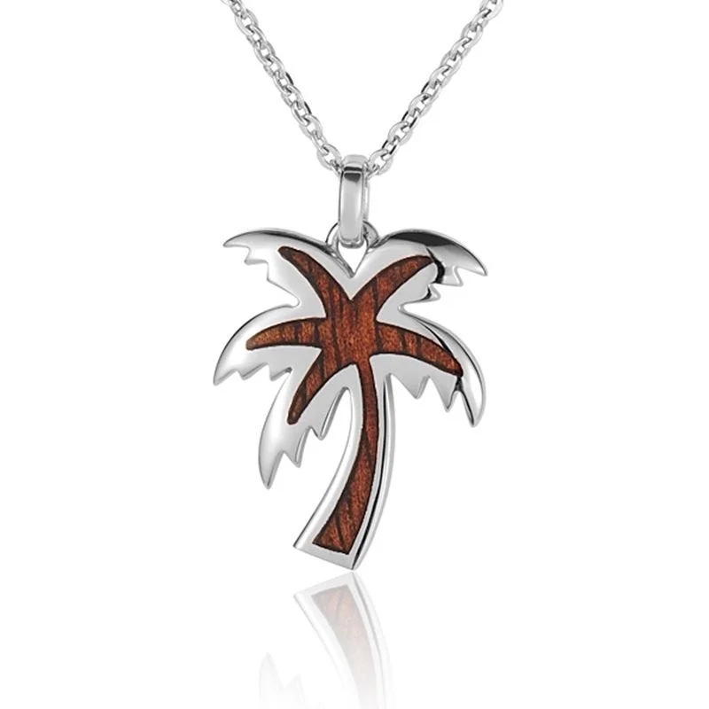 Personalized Pendant Necklaces For Special Occasions-Sterling Silver Koa Wood Jagged Edge Palm Tree Pendant18" Necklace