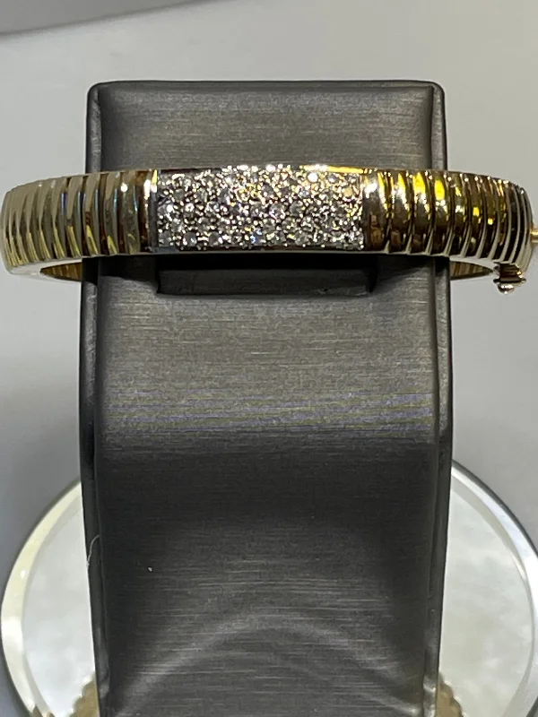 Bangles With Hollow Effects-14KT Y/G Fluted Bangle With Diamond Pave Center Bracelet