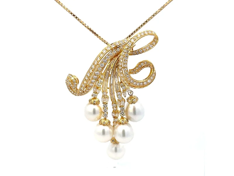 Vintage Gold Necklaces For Retro Jewelry-Large Diamond and Pearl Necklace in 18k Yellow Gold