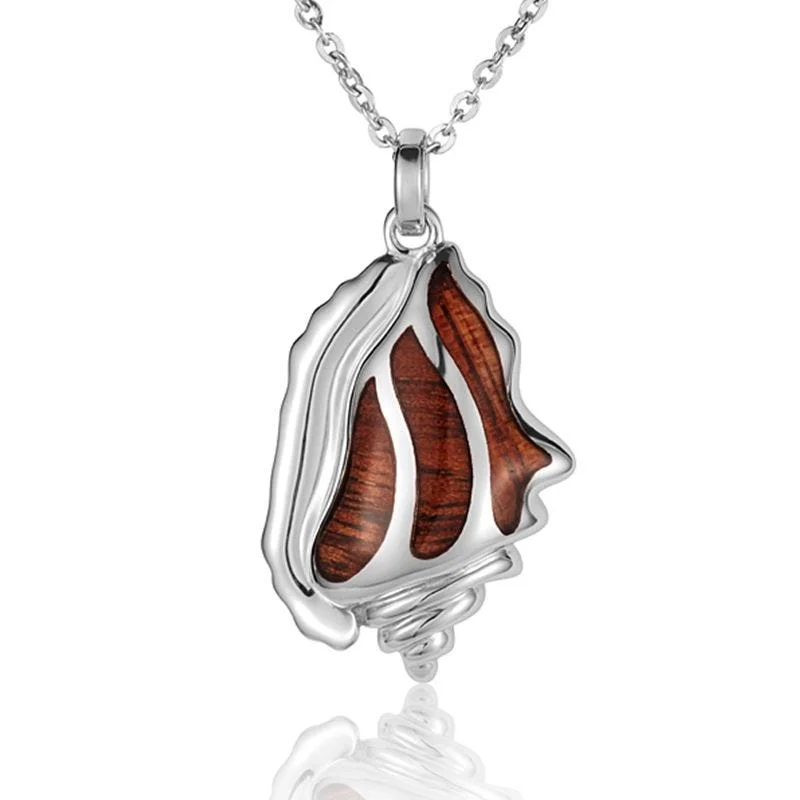 Layered Pearl Chain Necklaces For Bridal Look-Sterling Silver Koa Wood Conch Shell Pendant18" Necklace