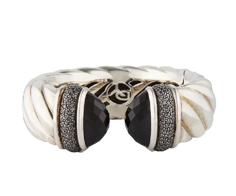 Bracelets With Diamond Accents-David Yurman Black Onyx and Black Diamonds Wide Waverly Cuff Bracelet inSterling