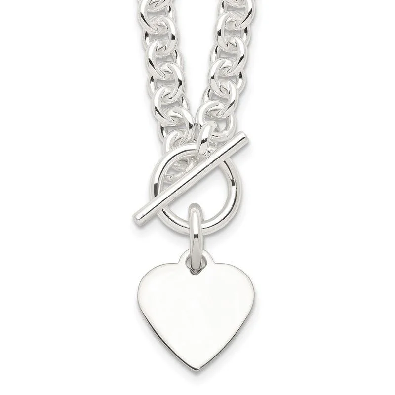 Layered Gold Bar Necklaces For Bold Style-Sterling Silver Engraveable Heart Disc on Fancy Link Toggle 18in Necklace