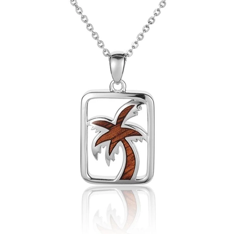 Bold Chain Pendant Necklaces For Statement Fashion-Sterling Silver Koa Wood Square Frame Palm Tree Pendant18" Necklace