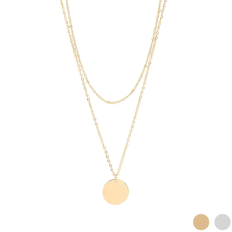 Large Pendant Necklaces For Bold Fashion-18K Gold PVD Stainless Steel Loop and Satellite Chain Blank Disk Layered Necklace / CHN0001