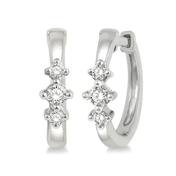 Statement Earrings For Special Events-1/6 ctw Three Stone Round Cut Diamond Huggie Earrings in 10K White Gold