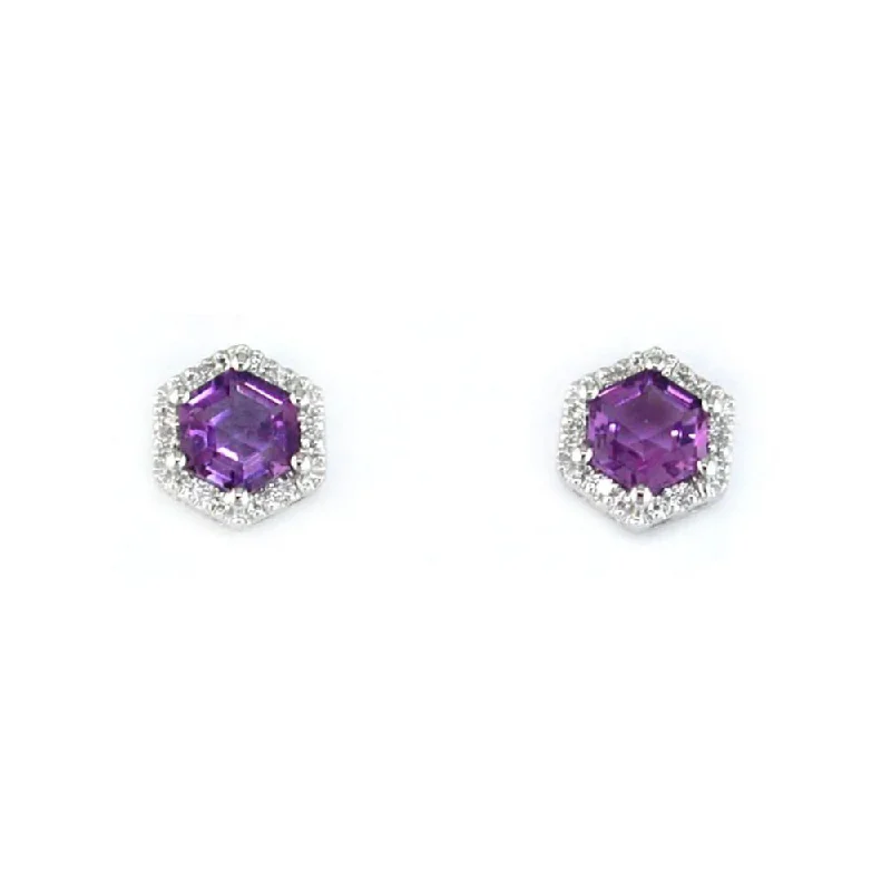 Cute Heart Earrings For Girlfriend Gifts-Amethyst and Diamond Halo Earrings in 14 Karat White Gold