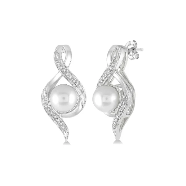 Chic Vintage Earrings For Everyday Wear-6.5 MM Cultured Pearl and 1/20 Ctw Round Cut Diamond Earrings in Sterling Silver