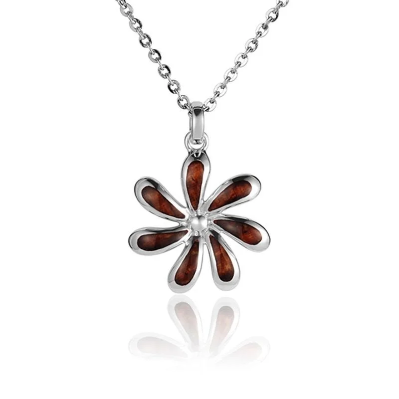 Simple Silver Chain Necklaces For Everyday Glam-Sterling Silver Koa Wood Tiare Flower Pendant18" Necklace