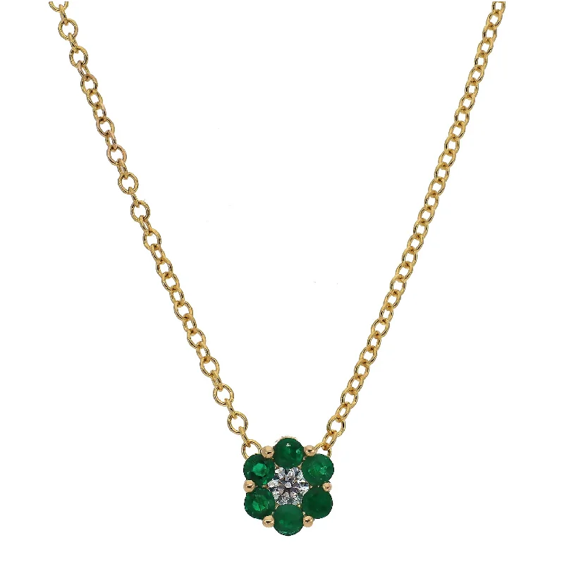 Elegant Crystal Pendant Necklaces For Brides-14K Yellow Gold Emerald and Diamond Floral Pendant Necklace