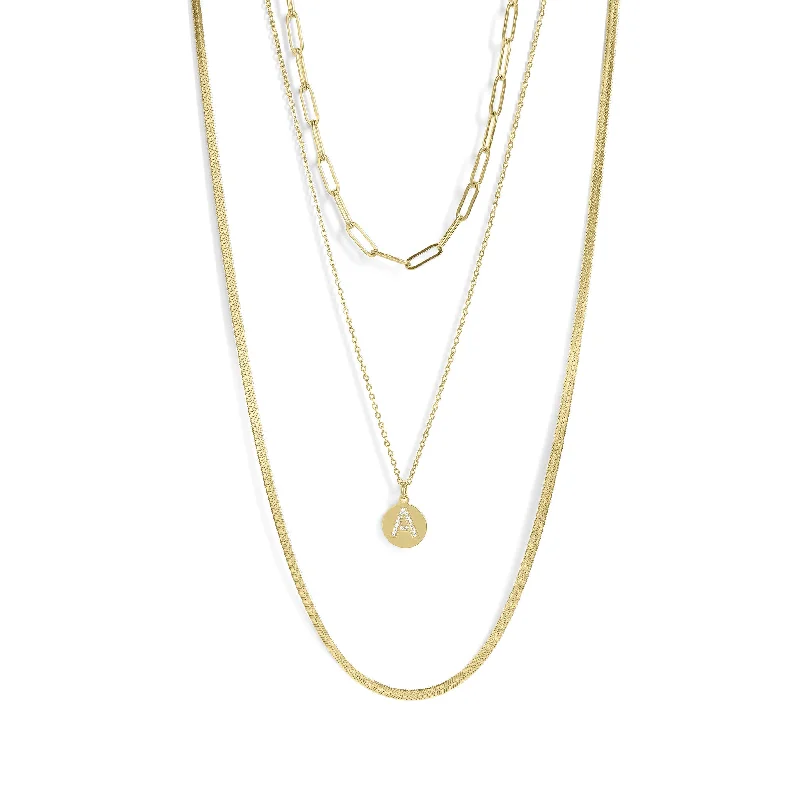 Gold Chain Necklaces For Classic Style-78 pc Initial Letter 18K Gold PVD Layered Necklace Set / BND0032