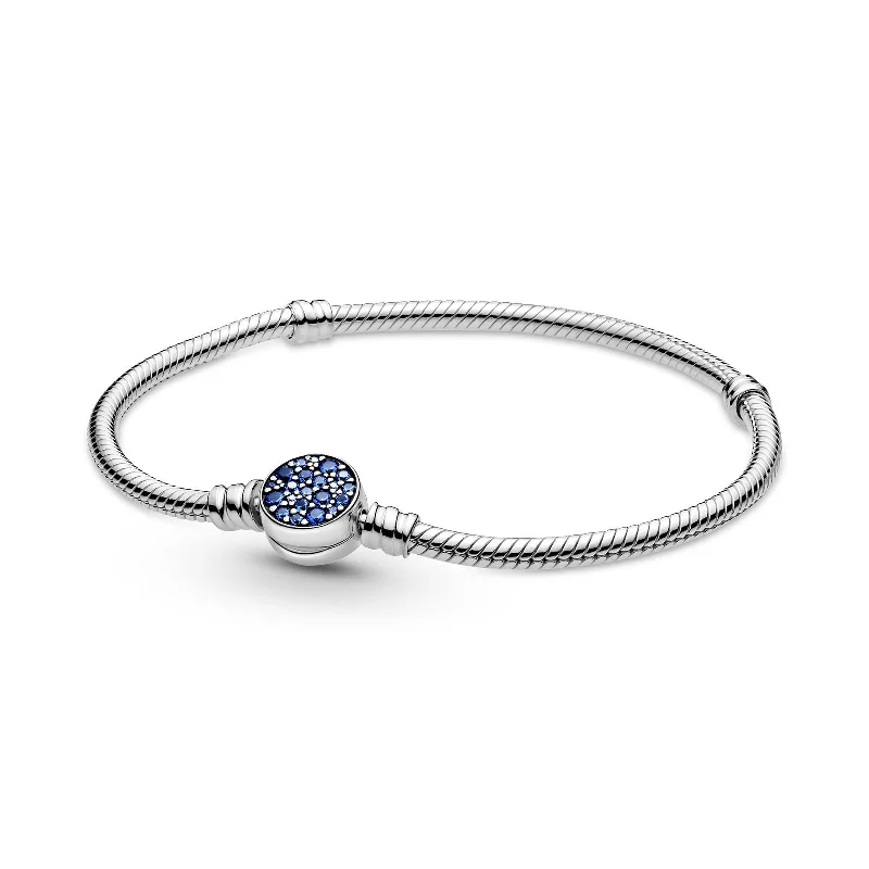 Bracelets With Sparkling Details-Pandora Moments Sparkling Blue Disc Clasp Snake Chain Bracelet 599288C01