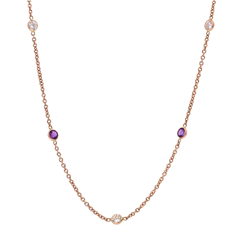 Custom Heart Shape Necklaces For Girlfriend Gifts-14K Rose Gold Amethyst and Diamond Station Necklace