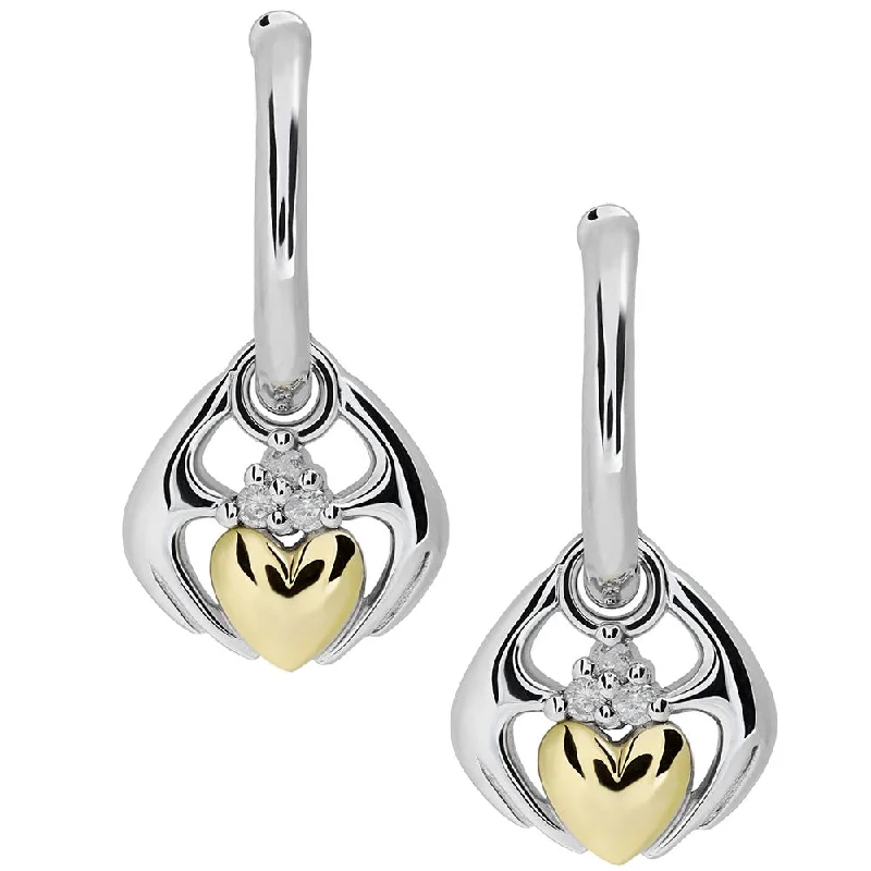 Trendy Drop Earrings For Formal Occasions-Sterling Silver and 14K Gold Mix - Diamond Claddagh Earrings UES-6171