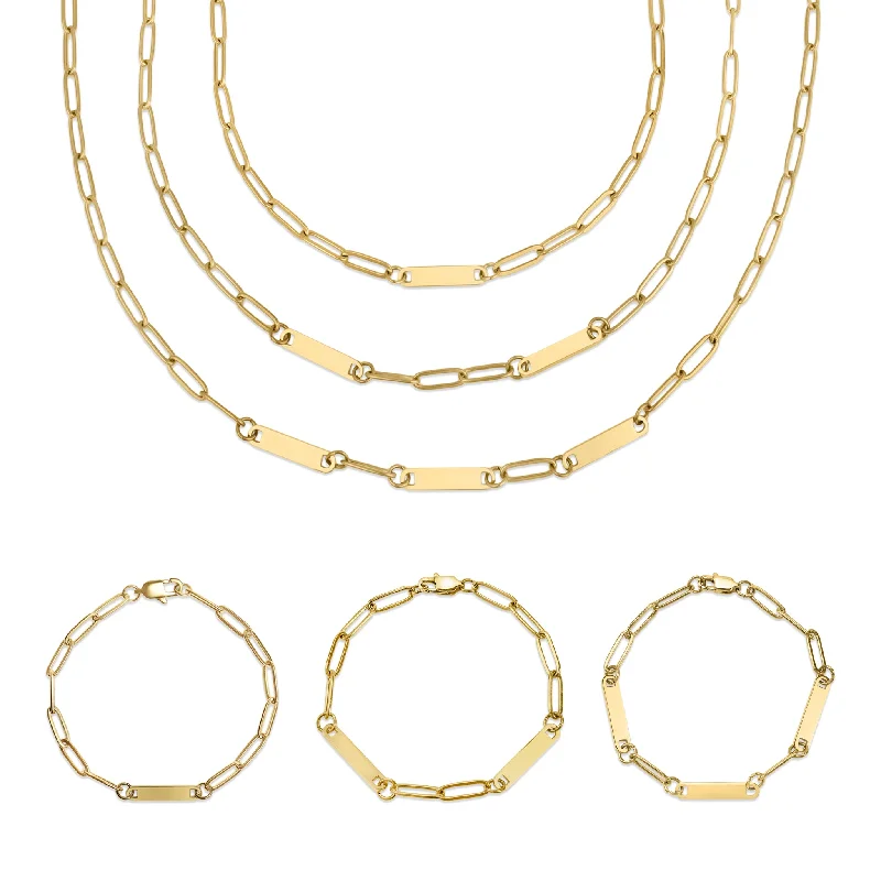 Crystal Necklaces For Sparkling Elegance-30pc 18K Gold PVD Coated Stainless Steel Engravable Paperclip Bar Necklace Bracelet Set / BND0023