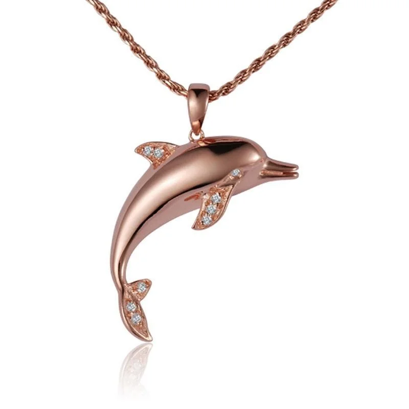 Personalized Long Necklaces For Custom Gifts-14K Rose Gold Dolphin Necklace