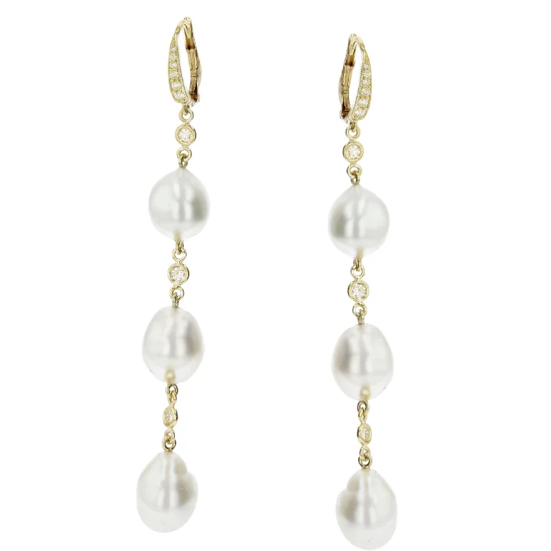 Modern Pearl Earrings For Unique Looks-Diamond and South Sea Pearl Long Earrings