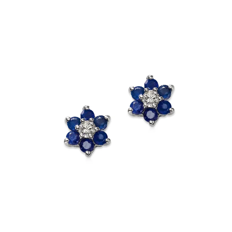 Custom Crystal Earrings For Unique Gifts-Blue Sapphire and Diamond Flower Earrings, 14K White Gold