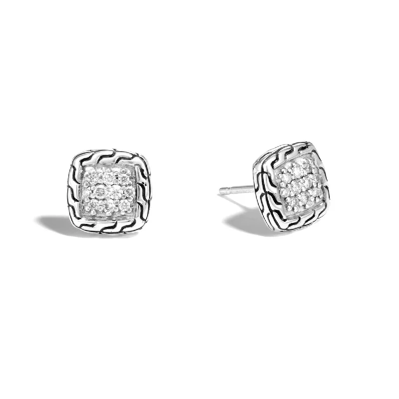 Statement Earrings For Fashionistas-Classic Chain Silver Diamond Pave Stud Earrings