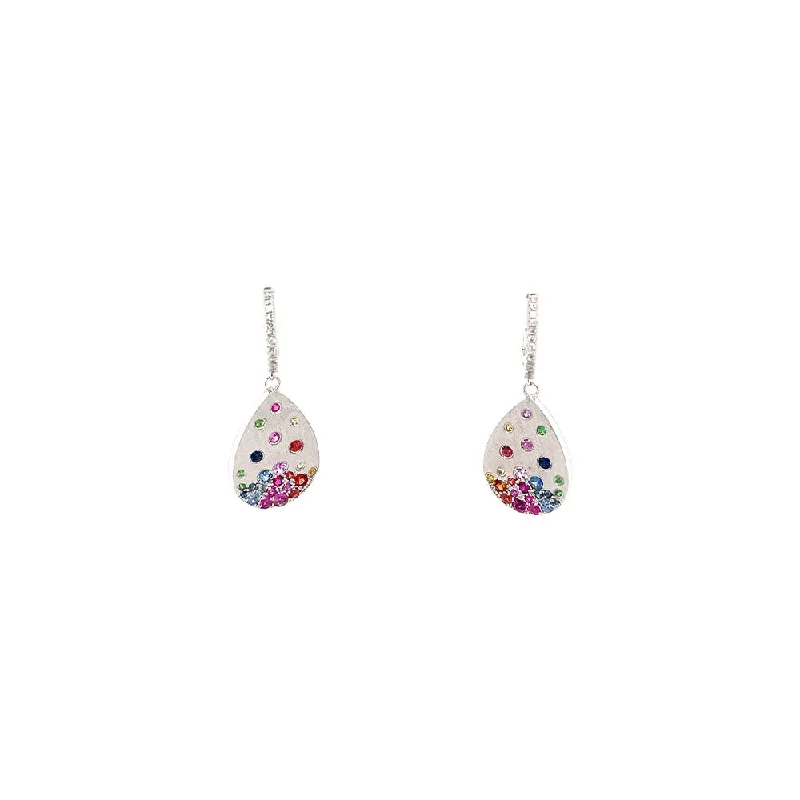 Custom Beaded Earrings For Personalized Gifts-14 Karat White Gold Pear shape earrings with Multi Colored Sapphires and Tsavorites on Diamond Huggy