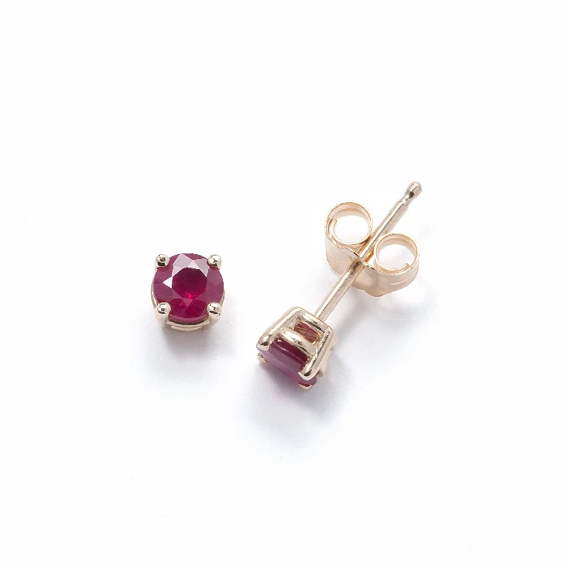 Trendy Silver Earrings For Young Women-Genuine Ruby Stud Earrings, 14K Yellow Gold