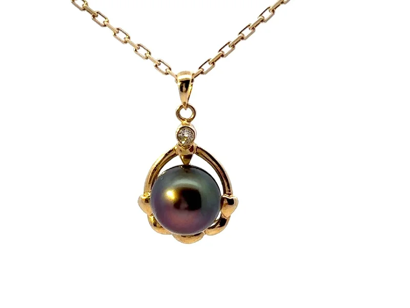 Layered Resin Necklaces For Boho Style-Tahitian Pearl Diamond Pendant Necklace Solid 14k Yellow Gold