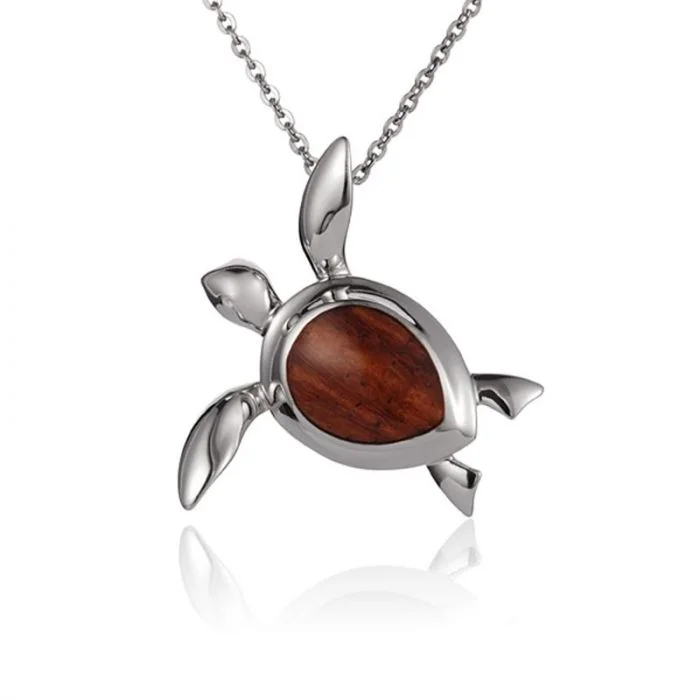 Statement Resin Necklaces For Bold Fashion-Sterling Silver Koa Wood Honu Turtle Pendant18" Necklace