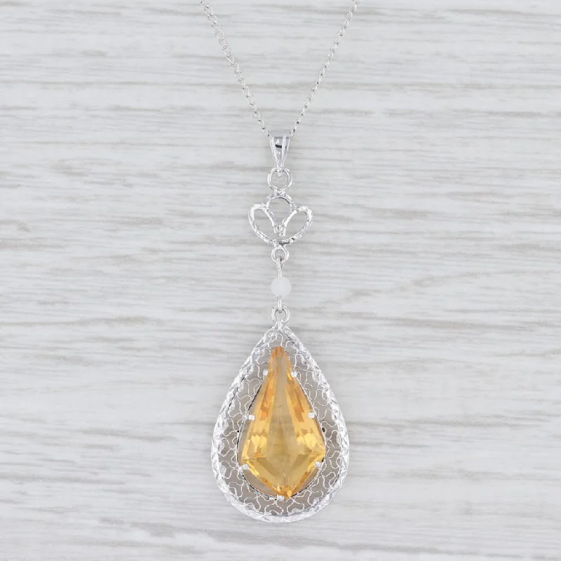 Bold Gemstone Chain Necklaces For Fashion Lovers-Vintage Citrine Teardrop Pendant Necklace 14k White Gold Filigree 16" Curb Chain