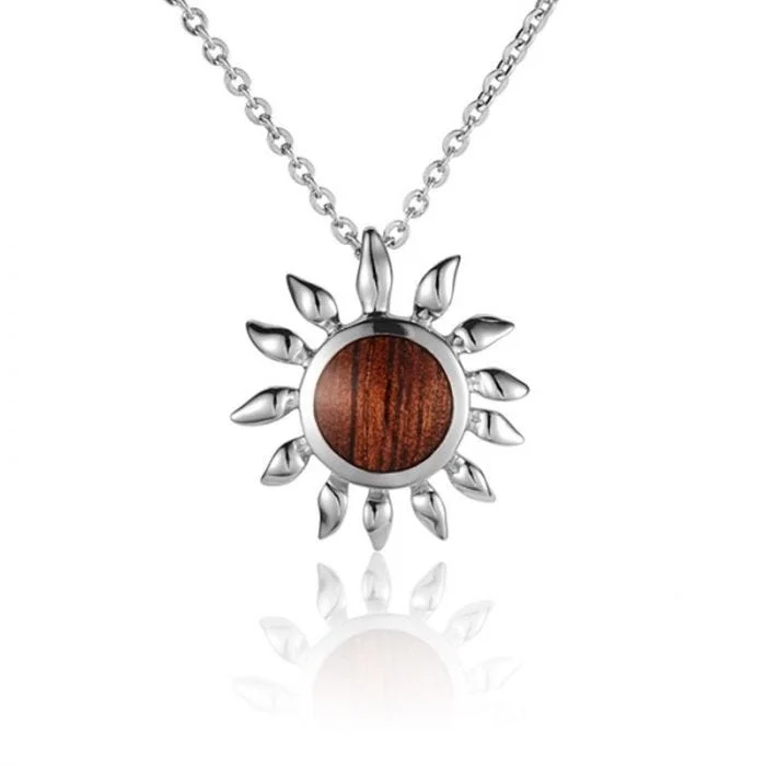 Beautiful Gold Chain Necklaces For Fashionistas-Sterling Silver Koa Wood Sunflower Pendant18" Necklace