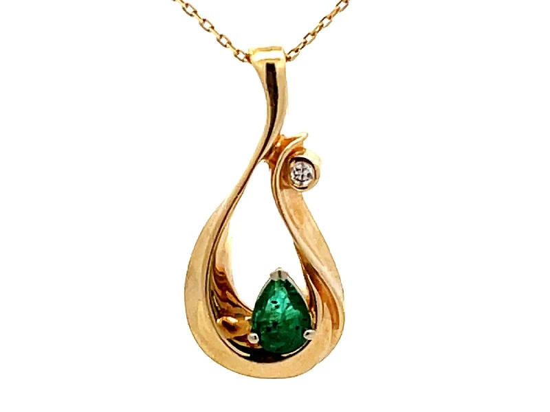 Vintage Style Necklaces For Retro Looks-Pear Shaped Emerald and Diamond Necklace 14K Yellow Gold