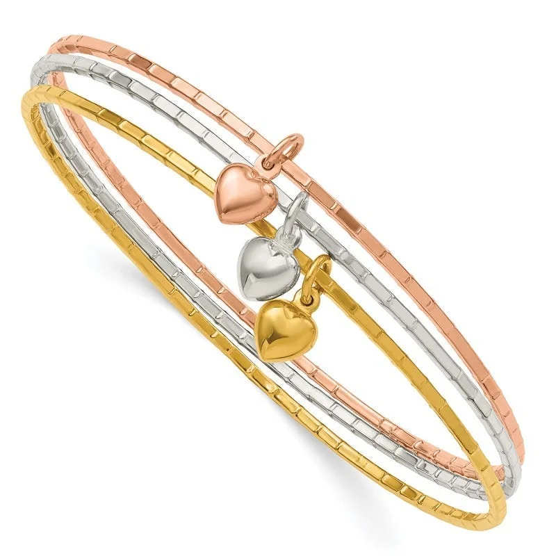 Bangles With Dark Hues-Sterling Silver/Gold-tone/Rose-tone w/Puffed Heart Bangle Set