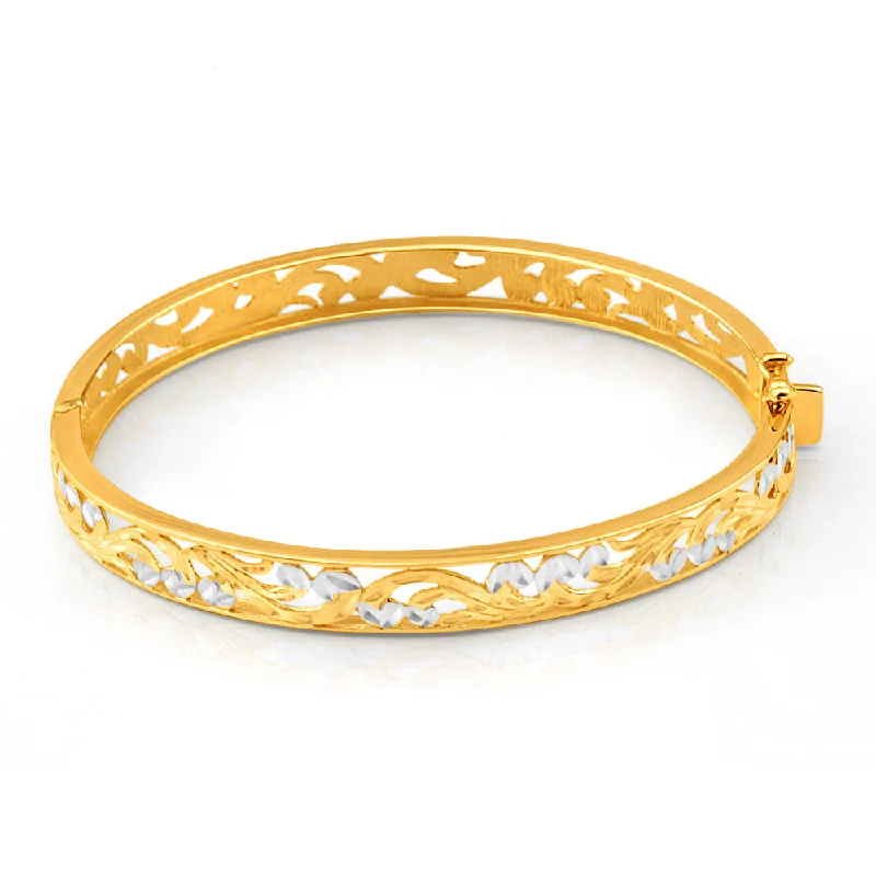 Bangles With Custom Engravings-9ct Yellow Gold & White Gold Fancy Oval Bangle