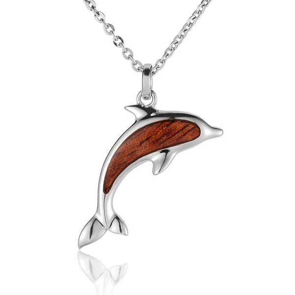 Simple Gemstone Necklaces For Elegant Look-Sterling Silver Koa Wood Jumping Dolphin Pendant18" Necklace