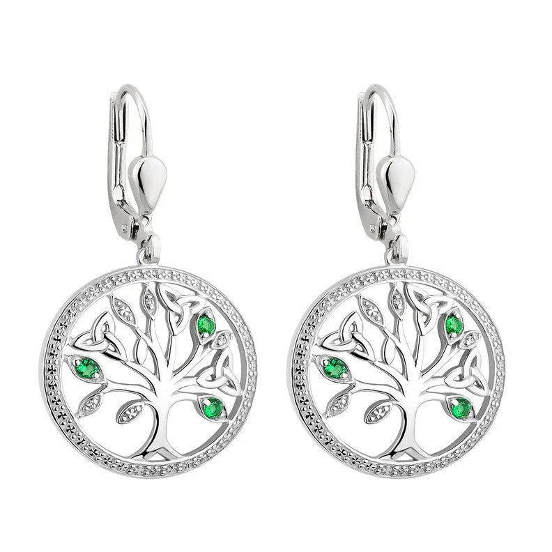 Round Hoop Earrings For Fashionistas-Sterling Silver Tree of Life Drop Earrings - S34025