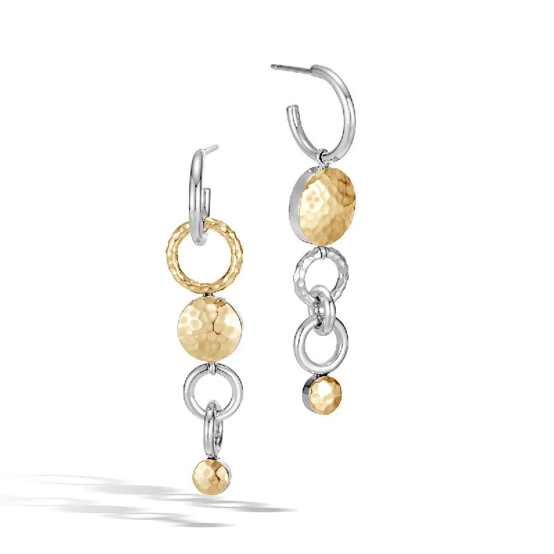 Fashion Gold Earrings For Stylish Women-Dot Hammered 18K Gold and Silver Mismatched Interlink Drop Earrings