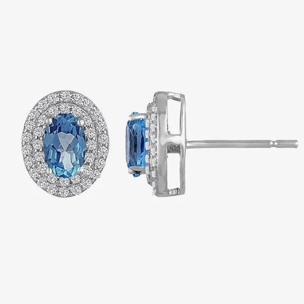 Large Acrylic Earrings For Bold Statements-Sterling Silver Oval Blue Topaz and White Sapphire Double Halo Earrings